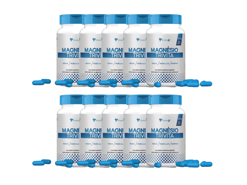 10 potes - Magnésio Quelato, Dimalato e Taurato 60 Caps - Vitalis Fit