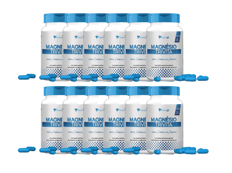 12 potes - Magnésio Quelato, Dimalato e Taurato 60 Caps - Vitalis Fit